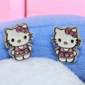 Hello Kitty Earrings Pink Rhinestone Enamel Cat Pierced Ears Cat Studs Jewelry